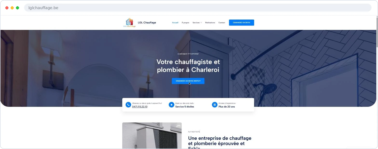 Page d’accueil du site LGL Chauffage, réalisé par UCJ Studio